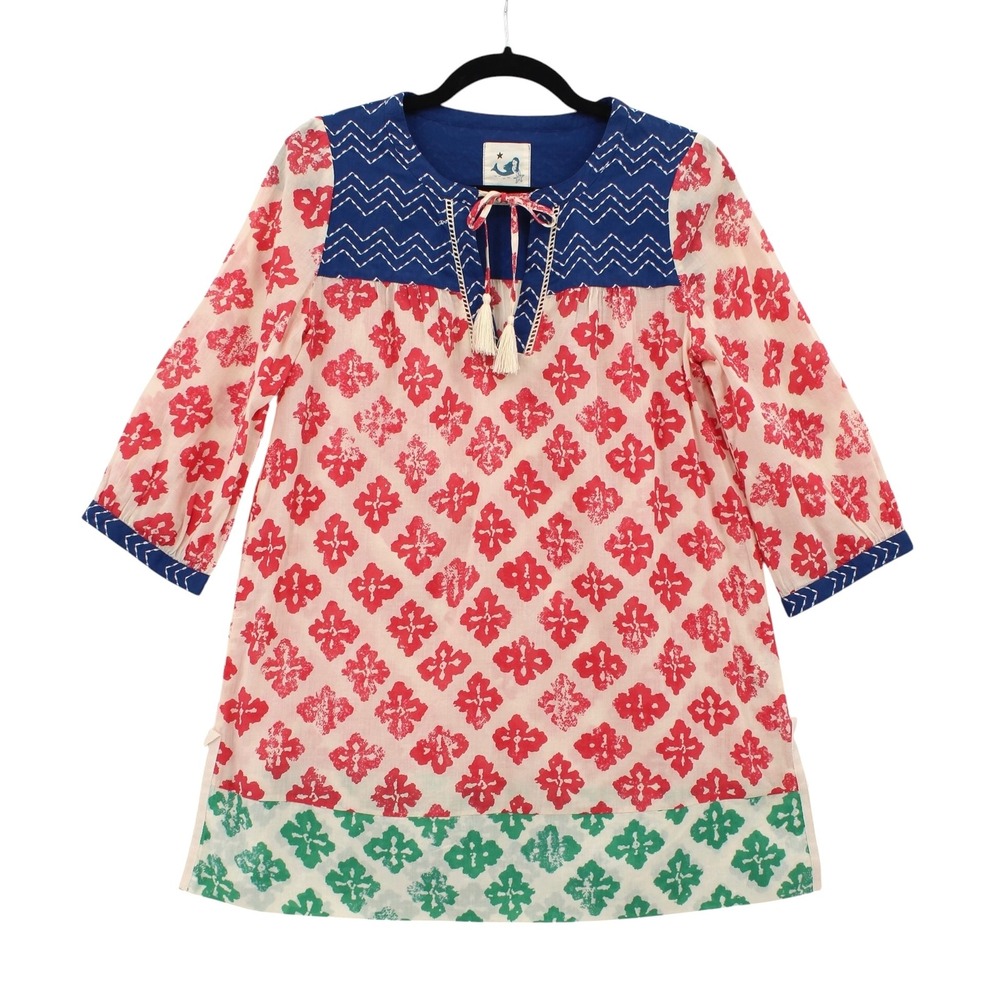 Anthropologie Mermaid Tunic size XS Block Print Embroidered Split Neck Beachy